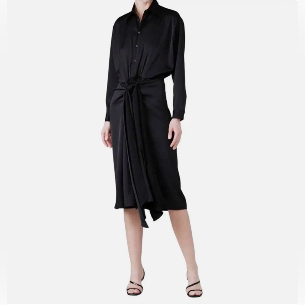 Tome NYC Satin Black Bow Front Shirt Dress Midi size 12 Collared a line